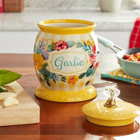 The Pioneer Woman Kitchen New 223 Pioneer Woman Sweet Romance Gingham Yellow Garlic Keeper